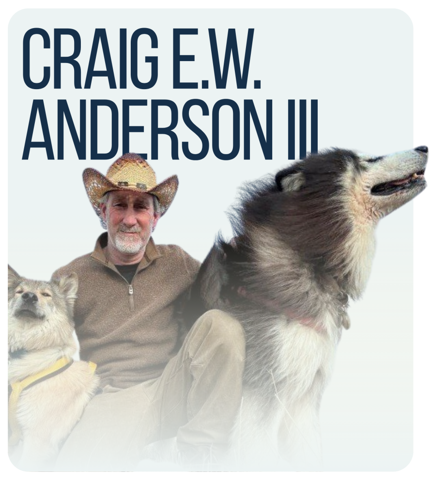 Man in cowboy hat with two large dogs against light background.