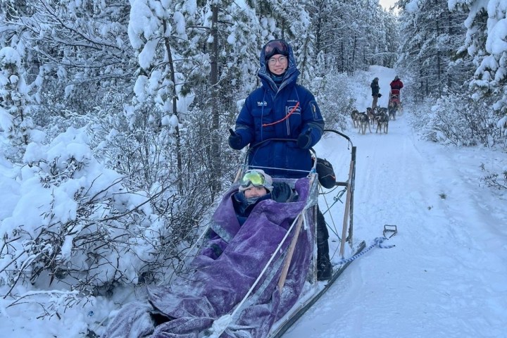 Person on a snowy trail with a sled, surrounded by snow-covered trees.