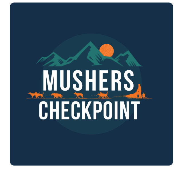 Logo with mountains, sled dogs, and 'Mushers Checkpoint' text.